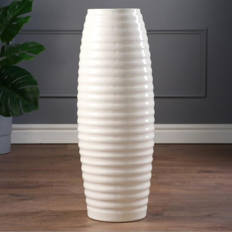 گلدان سفالی سفید بلند؛ ساده پایه دار 2 طرح شیار دار استوانه ای سایز (12 14 18) سانتی متر