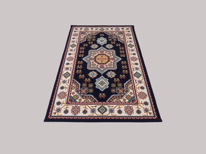 گلیم فرش 9 متری آشپزخانه؛ قشقایی دستباف 3 رنگ سورمه ای خاکی گردویی