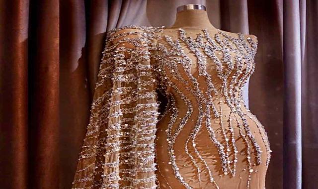 لباس مجلسی سنگ دوزی؛ پوشیده بلند مروارید نگین 2 رنگ سفید آبی