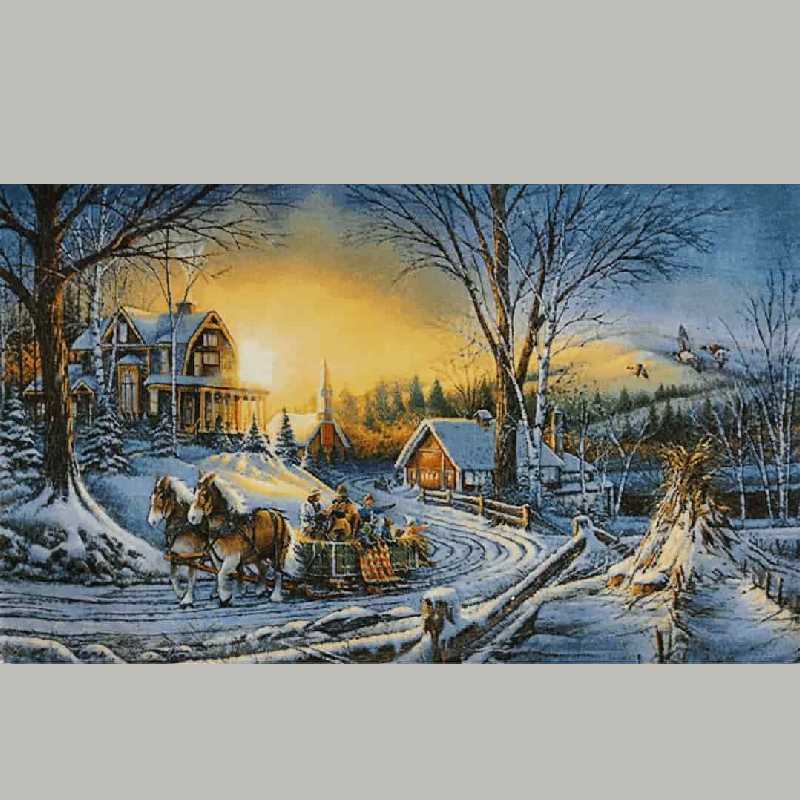 تابلو فرش غروب زمستان؛ ابریشم چاپی قاب توگرد مسی (70*50 120*100) سانتی متر