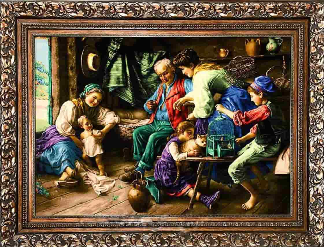 تابلو فرش جمع خانوادگی؛ ابریشمی یونیکی تزیینی 2 نوع دستبافت ماشینی