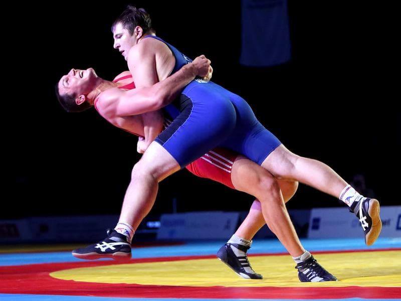 لباس ورزشی کشتی؛ استرج آلمانی پلی استر برش بلند (قرمز آبی)