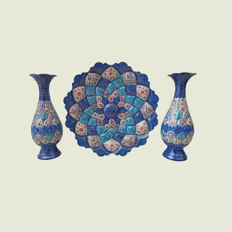 ظروف مینا کاری روی مس؛ بشقاب کاسه گلدان 2 رنگ فیروزه ای سرمه ای