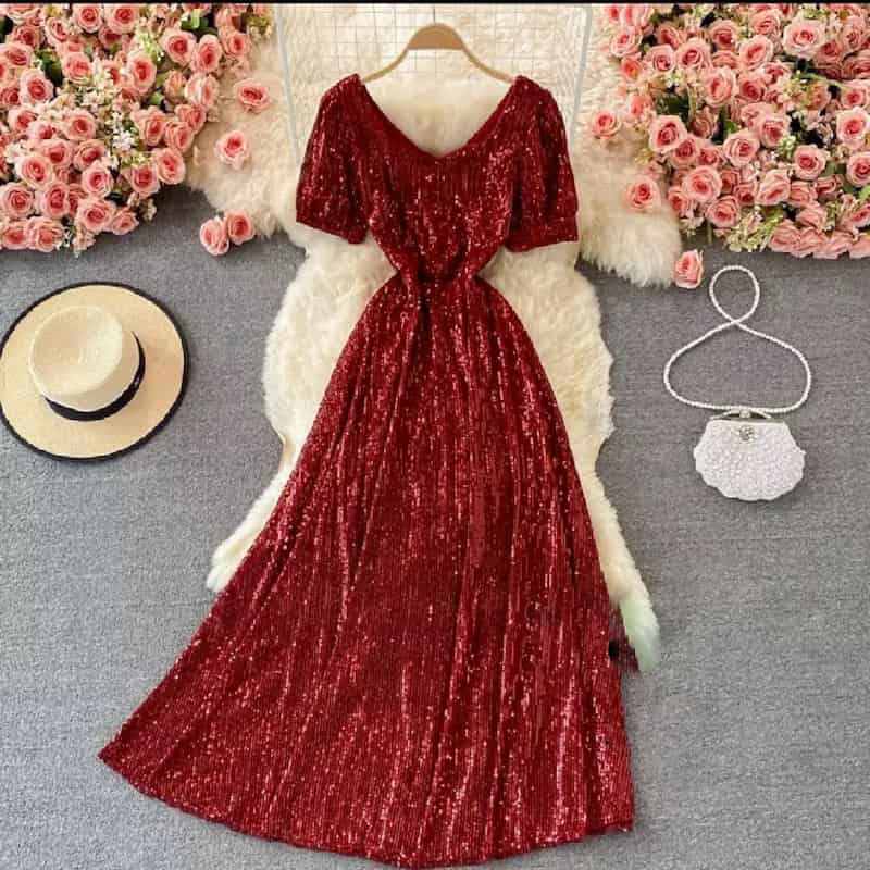 لباس مجلسی پولکی بلند؛ بندی ماکسی پفی سایز (S M L) پلی استر ساتن