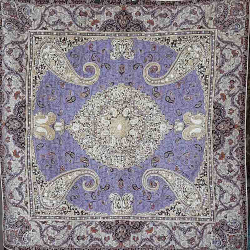 ترمه سرمه دوزی شده یزد؛ رومیزی فیروزه ای رنگ ثابت 97*97