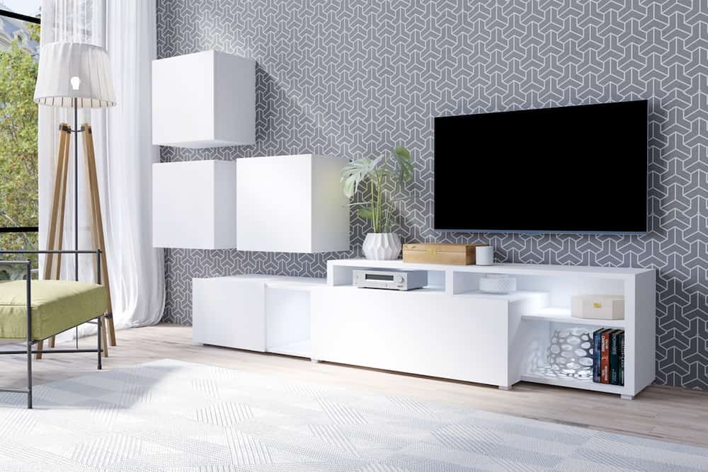 میز تلویزیون ام دی اف سفید ساده؛ پایه چوبی فلزی ( 120 180) سانتی متر