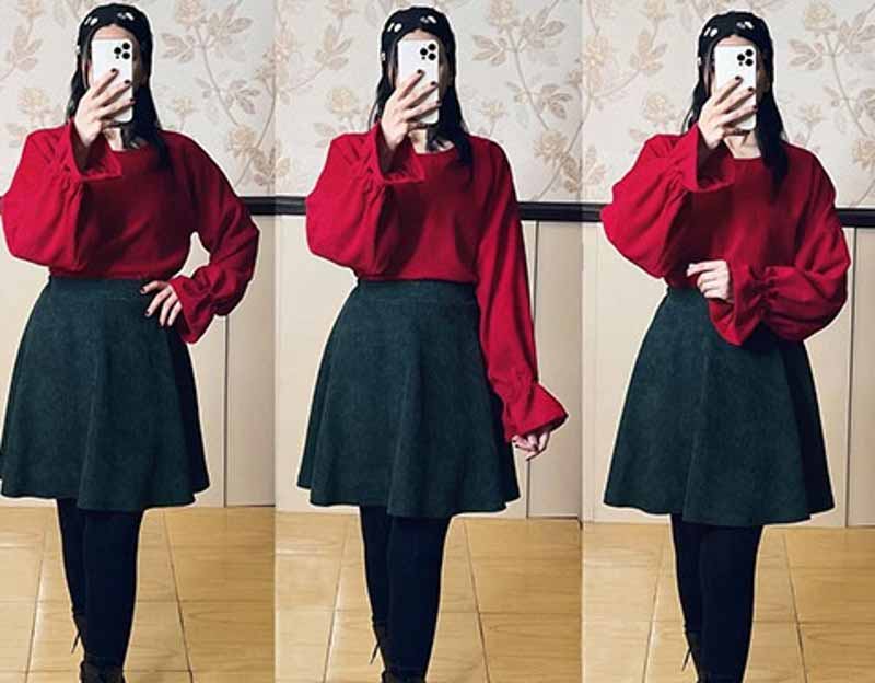 لباس شب یلدا زنانه؛ جین پنبه چاکدار دو تیکه پفی 2 رنگ قرمز سبز