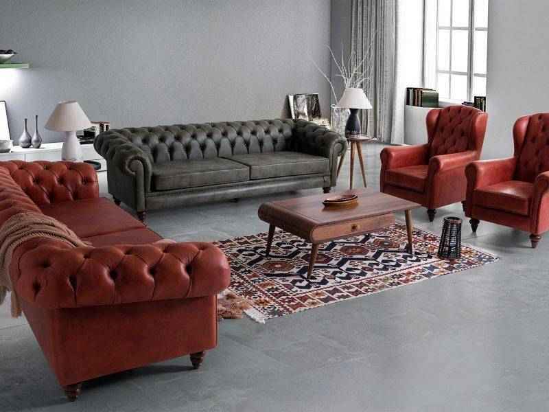 مبل چستر رنگ طوسی زرشکی؛ کلاسیک مدرن قایقی (5 9) نفره پایه دار