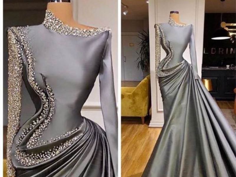 لباس مجلسی پوشیده شیک زنانه؛ ساتن ابریشم یقه دار صورتی Orange