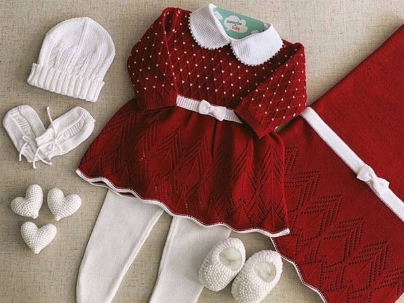 لباس نوزاد دخترانه بافتنی؛ پشم پنبه سفید صورتی بدون دکمه Knitted