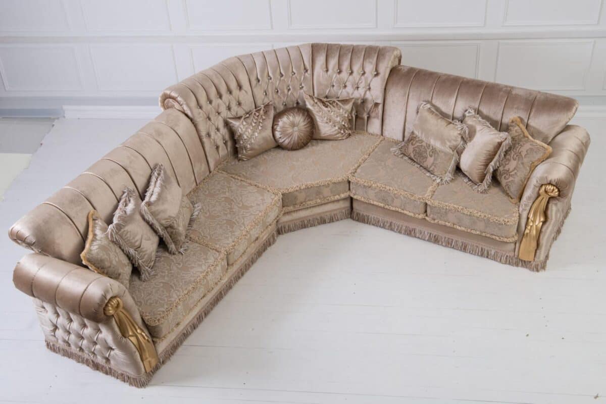 مبل ال چستر پایه استیل؛ مخمل کتان کرم سورمه ای (7 8) نفره