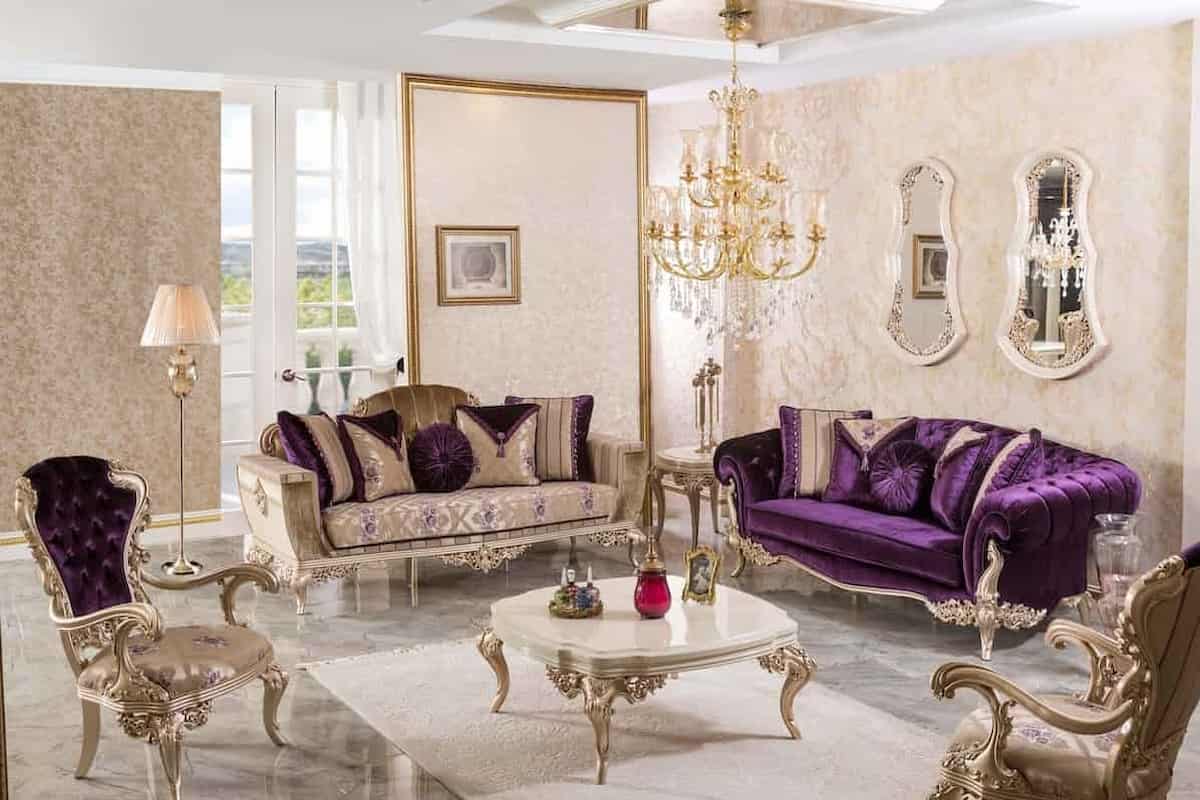 مبل سلطنتی بنفش و طلایی؛ پلی استر راش ماهگون 2 مدل طرح دار ساده