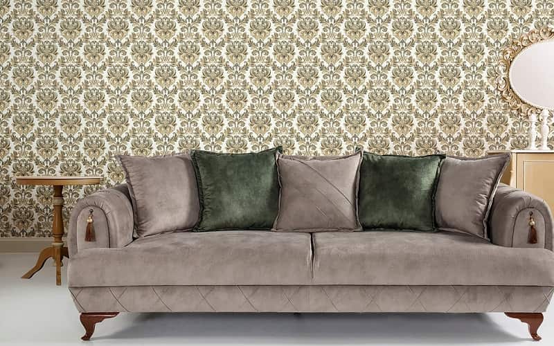 مبل راحتی چستر شرکتی؛ مخمل سبز زیتونی آبی 2 چوب راش گردو