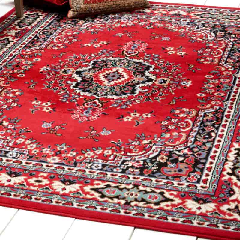 فرش دستباف ایرانی قرمز؛ ابریشم اسلیمی (6 9 12) متری کرم شکلاتی