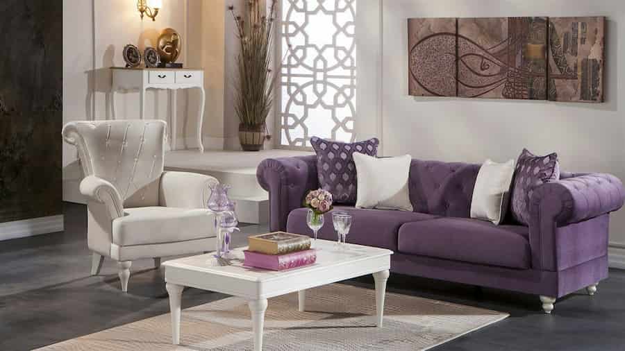 مبل چستر رنگ بنفش؛ مدرن کلاسیک (نیمکتی نیم دایره) لمسه دوزی