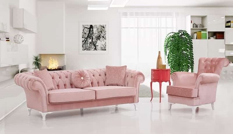 مبل چستر سفید صورتی؛ پارچه ای چرم پشتی کوتاه 5 نفره