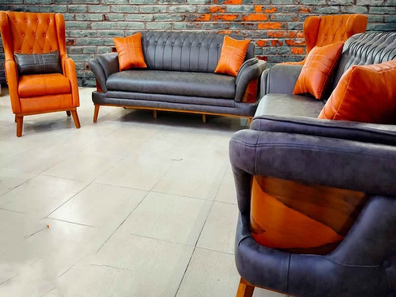 مبل چستر نارنجی و طوسی؛ ترکی فرانسوی (چرم مخمل) استیل