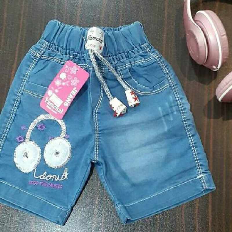 شورت لی بچه گانه؛ دخترانه پسرانه (گل دوزی طرح چاپی) جیب دار 2 رنگ آبی روشن تیره