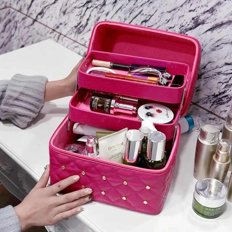 کیف لوازم آرایش صندوقی؛ چرم مخملی جادار 2 رنگ صورتی گلبه ای