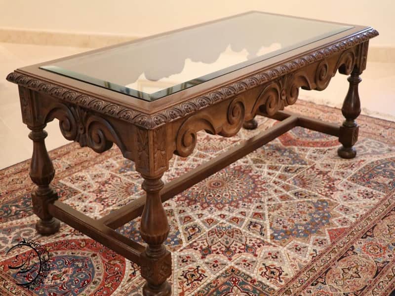 میز جلو مبلی منبت کاری؛ چوبی شیشه خور عرض 110 سانتیمتر
