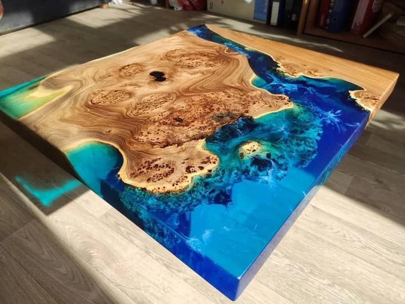 میز رزینی طرح دریا؛ لوکس چوبی (گردو راش نراد) فلزی