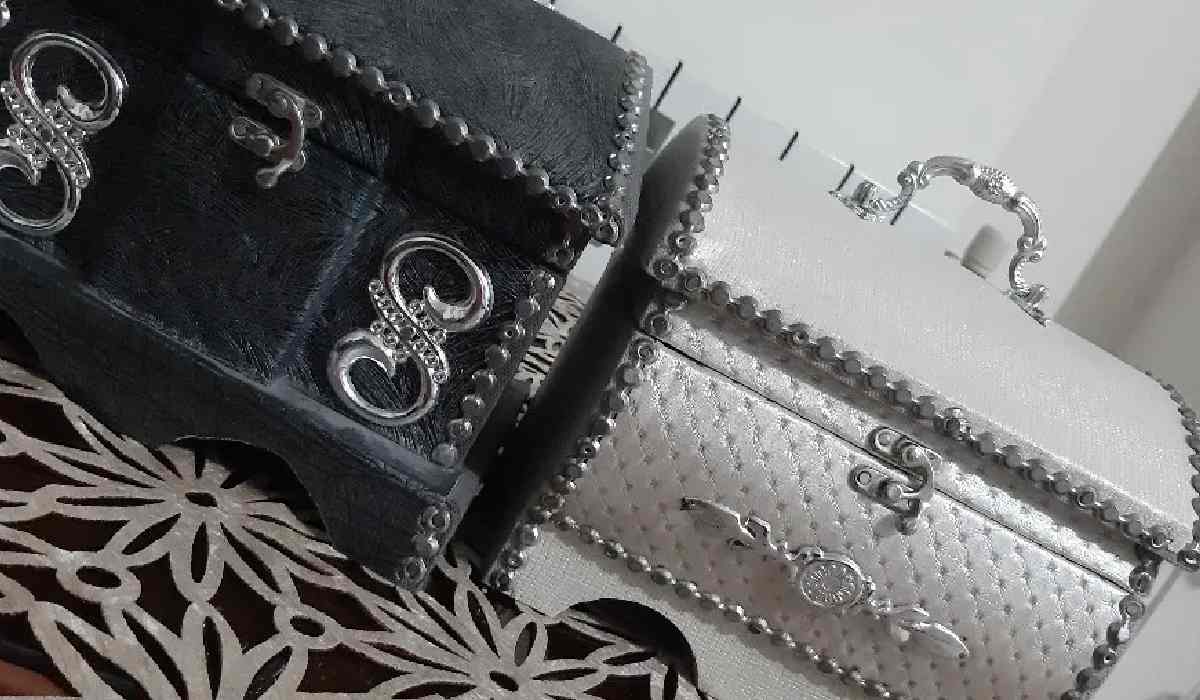 جعبه لوازم آرایش فانتزی؛ مربع مستطیل 2 رنگ طوسی طلایی