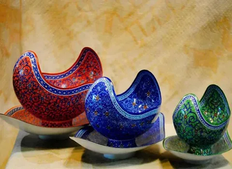 صنایع دستی سفالی یزد؛ بدون لعاب سنتی 3 طرح نقاشی دستی مینا کاری سنگ کاری