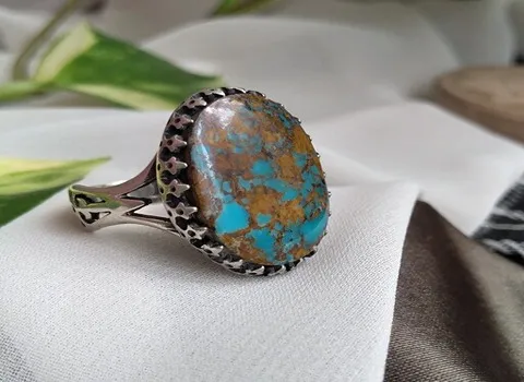 انگشتر نقره مردانه فیروزه؛ رکاب طلایی معمولی وزن 15 گرم