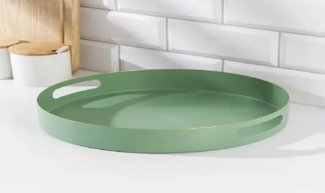 سینی پلاستیکی گرد؛ پلی اتیلن دو رنگ صورتی سبز قطر 40 سانتیمتر