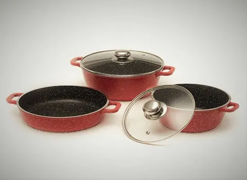 قابلمه گرانیتی 5 پارچه؛ نچسب اجزا 2 قابلمه 1 ماهیتابه 2 درب پیرکس