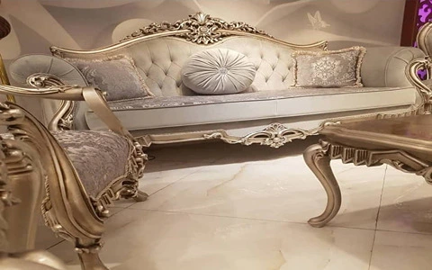 مبل سلطنتی طوسی طلایی؛ پایه چوبی استیل 2 نوع مدرن کلاسیک