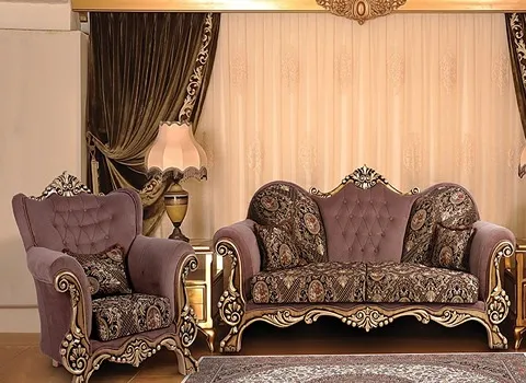 مبل سلطنتی کرم شکلاتی؛ دکمه دار ساده 3 جنس ساتن مخمل ابریشم