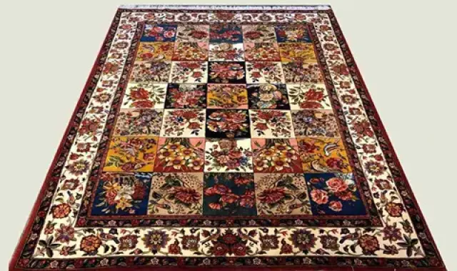 فرش ایرانی قم؛ ماشینی دستباف طرح خشتی الیاف طبیعی مصنوعی Qom