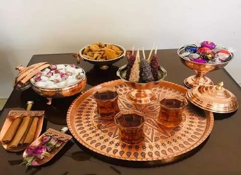 سرویس ظروف مسی جهیزیه؛ روکش داخلی قلع 3 نوع لیوان قاشق بشقاب