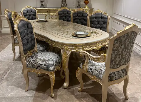 میز ناهار خوری منبت کاری؛ دستی ماشینی طرح سلطنتی 2 جنس چوب استیل