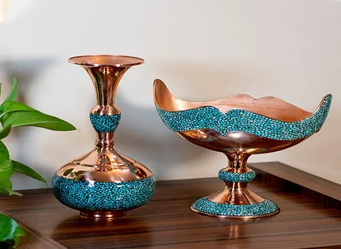 ظروف مسی فیروزه کوبی؛ ضد زنگ بادوام میوه شیرینی خوری Traditional