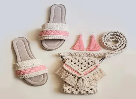 صندل مکرومه بافی مشکی؛ سفید صورتی 2 نوع اسپرت کلاسیک PU