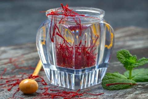 زعفران دم کرده با یخ؛ رنگ دهی بالا حاوی فیبر ویتامین B6 B12