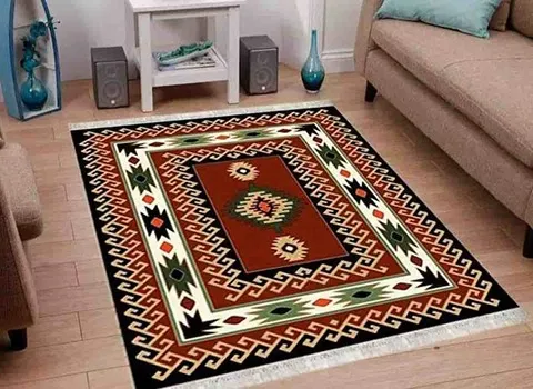 گلیم قشقایی در تهران؛ پشم گوسفند بز قرمز نارنجی سرمه ای ساده Vernie