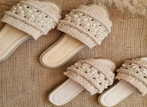 صندل مکرومه بافی؛ نخی چرمی طبیعی 2 کاربرد مجلسی ساحلی Sandal