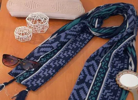 شال طرح دار (پوشاک) نخی حریر کرپ سفید نارنجی قهوه ای