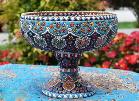 ظروف مینا کاری همدان؛ نقره مس صیقلی براق (آبی فیروزه ای)