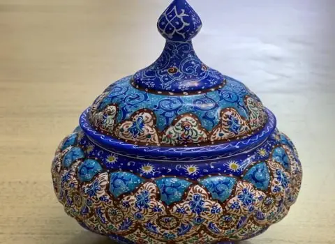 قندان میناکاری پایه دار؛ جنس مس طرح گل مرغ درخت فانتزی