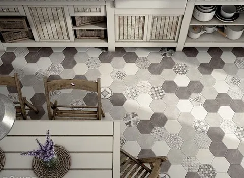 کاشی شش ضلعی کف (سرامیک) پرسلان 4 رنگ سفید مشکی طوسی کرم