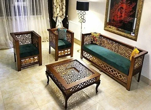 مبل چوبی سنتی؛ پارچه کتان مخمل شانل چرم مقاوم Sofa