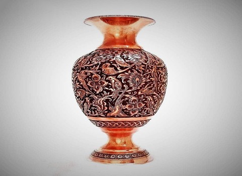 گلدان قلمزنی مسی؛ طرح هخامنشی برجسته لعاب دار 2 رنگ قرمز سفید