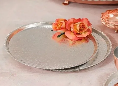 بشقاب مسی حکاکی شده؛ دستی دستگاهی 2 نوع قلمزنی تراش الماس