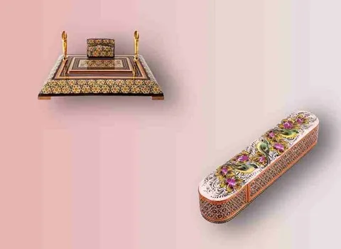 جامدادی اصفهان؛ چوبی خاتم مینیاتور (گل مرغ) مستعطیل 2 قیف