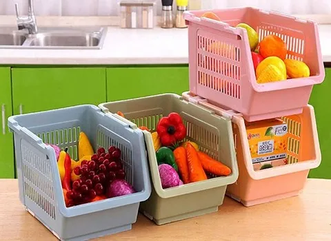 سبد پلاستیکی آشپزخانه؛ مربع بیضی مقاوم 2 رنگ (کرم صورتی)