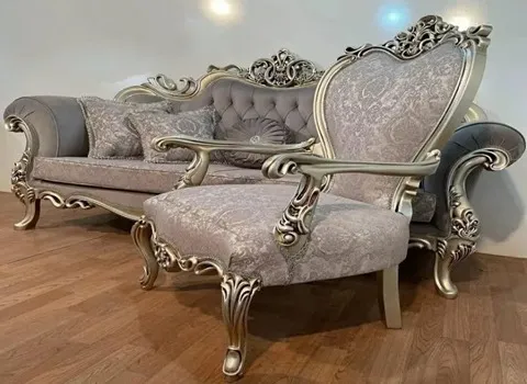 مبل سلطنتی چوب بژ؛ امپراطوری صدفی 4 پارچه ویکسوز چرم کتان ریون